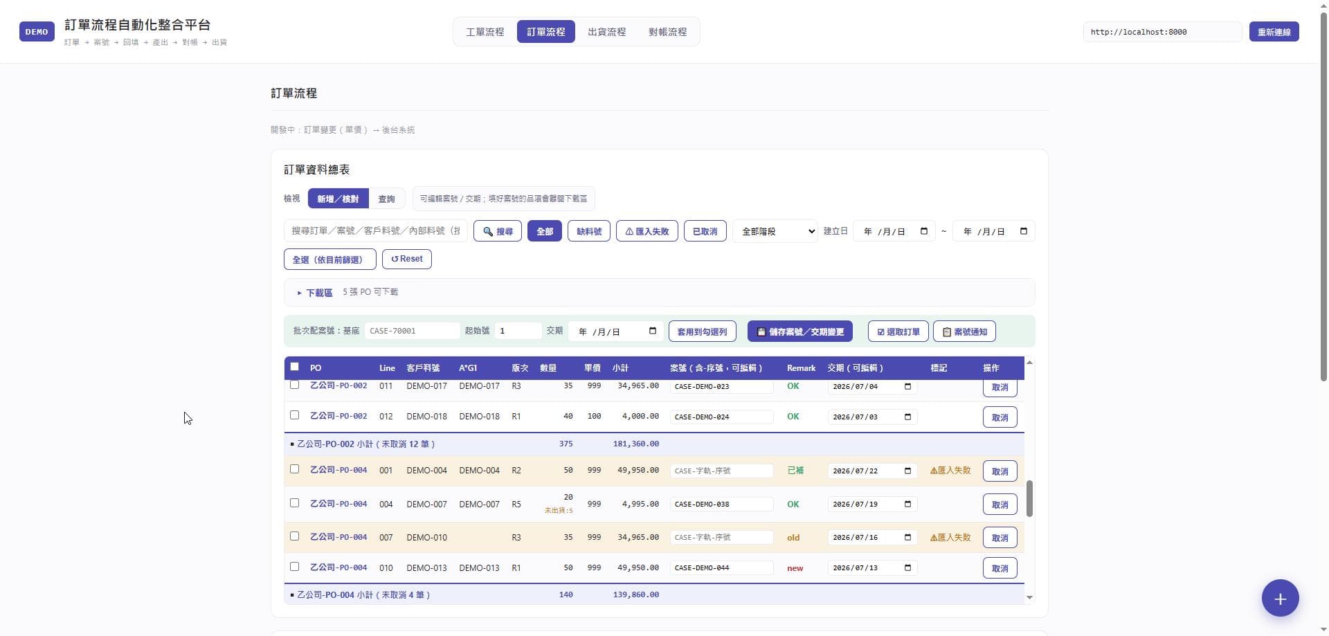 訂單管理 demo 畫面,資料為虛構示意